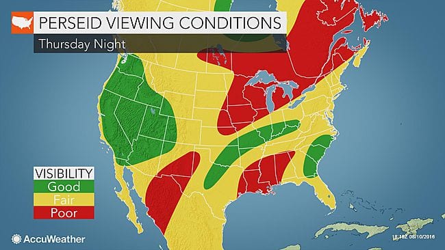 Perseid Meteor Shower 2016 Viewing Conditions Map