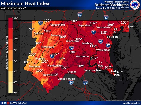 NWS Baltimore Heat Index Forecast 20240622