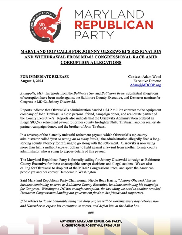 Maryland Republican Party Letter Calls for Olszewski to Reign