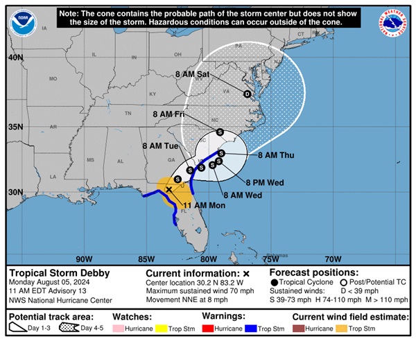 Tropical Storm Debby Projected Path 1 20240805