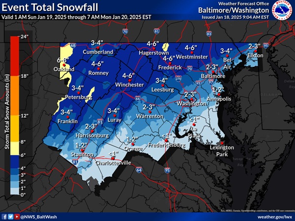 NWS Baltimore Snow Total Forecast 20250118