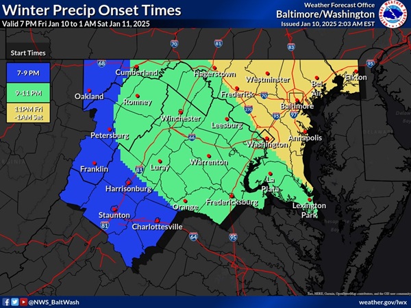 NWS Baltimore Snowfall Arrival Time 20250110