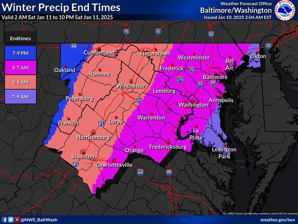 NWS Baltimore Snowfall Ending Time 20250110