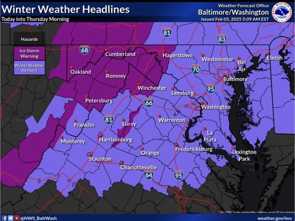 NWS Baltimore Ice Storm Warning Winter Weather Advisory 20250205