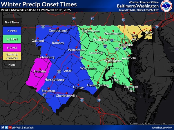 NWS Baltimore Precipitation Onset Time 20250204