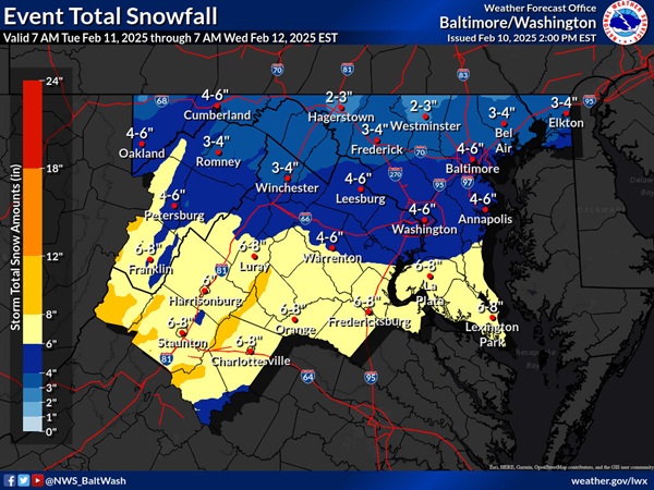 NWS Baltimore Snowfall Forecast 20250210a