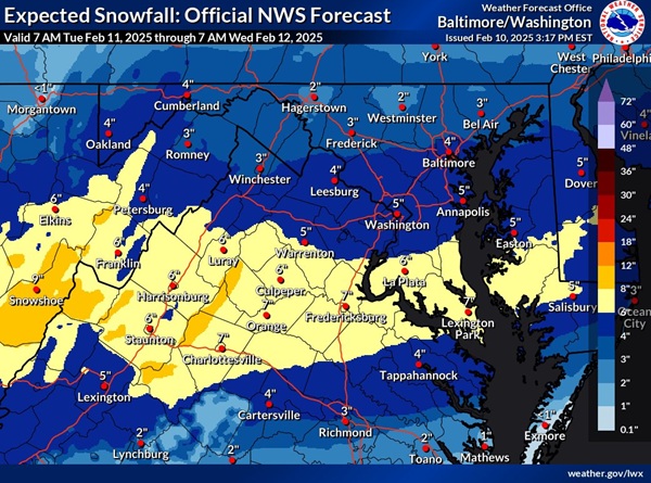 NWS Baltimore Snowfall Forecast 20250210b