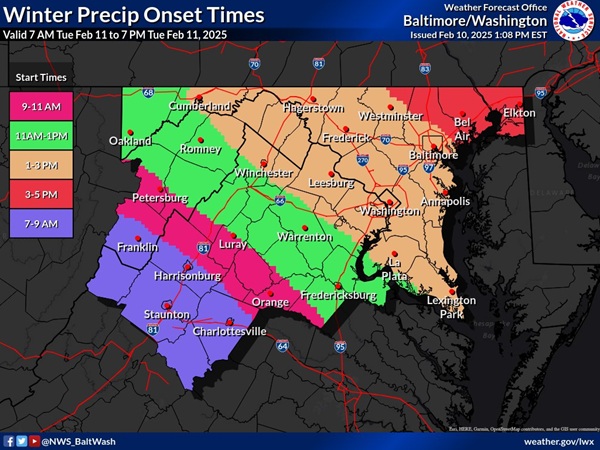 NWS Baltimore Winter Storm Arrival Timeline 20250210